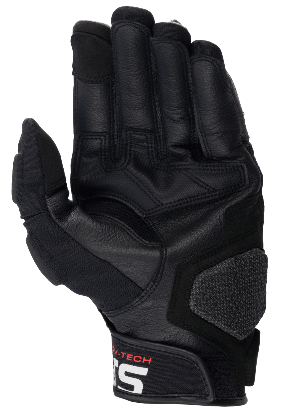 Guanti in pelle Alpinestars Halo, guanti da moto, nero, vista del palmo con pelle rinforzata e grip in gomma, dotato di landing pad testurizzato e polsino corto con logo Alpinestars bianco, equipaggiamento adventure touring
