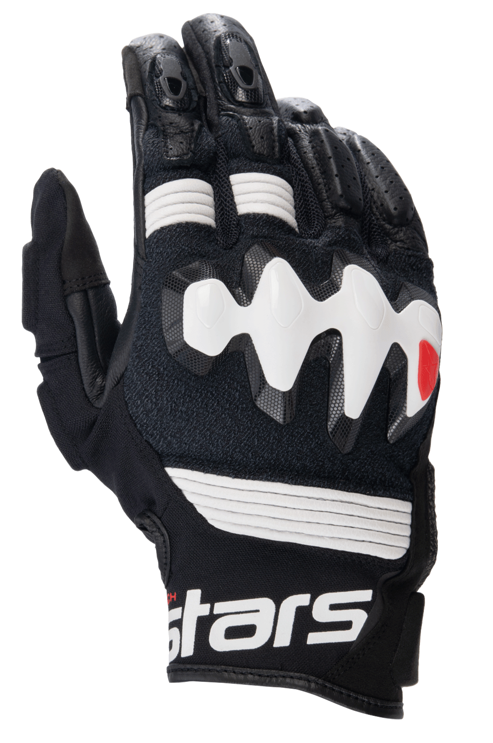 Guanti in pelle Alpinestars Halo, guanti da moto adventure, nero e bianco, caratterizzati da una grande protezione per le nocche bianca, pannelli in pelle traforata per la ventilazione e polsino corto con logo bianco