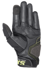 Guanti in pelle Alpinestars Halo, guanti da moto adventure, Forest Black e Giallo Fluo, vista lato palmo che mostra la costruzione in pelle rinforzata, cuciture giallo fluorescente e punte di indice e pollice compatibili con il touchscreen.