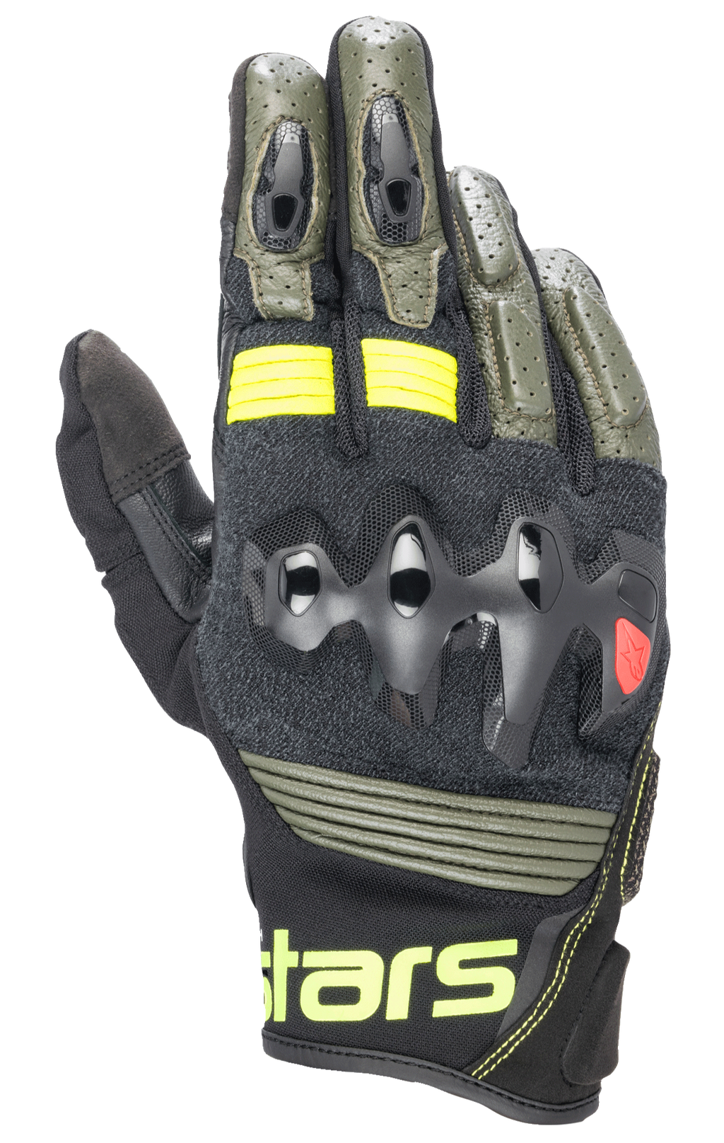 Alpinestars Halo Leather Gloves, guanti da moto, Forest Black e Yellow Fluo, verde oliva e nero con accenti giallo neon, protezione nocche sovrainiettata, costruzione in pelle traforata, stile adventure touring