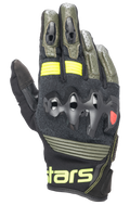 Alpinestars Halo Leather Gloves, guanti da moto, Forest Black e Yellow Fluo, verde oliva e nero con accenti giallo neon, protezione nocche sovrainiettata, costruzione in pelle traforata, stile adventure touring