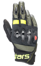 Alpinestars Halo Leather Gloves, guanti da moto, Forest Black e Yellow Fluo, verde oliva e nero con accenti giallo neon, protezione nocche sovrainiettata, costruzione in pelle traforata, stile adventure touring