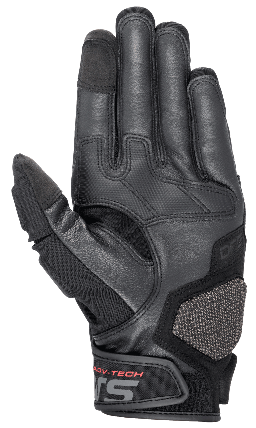 Guanti in pelle Alpinestars Halo, guanti da moto adventure touring, blu scuro e nero, vista del lato del palmo con pregiata pelle di capra, zone di grip gommate, inserto protettivo ARshield e scritta ADV-TECH rossa sulla chiusura del polso.