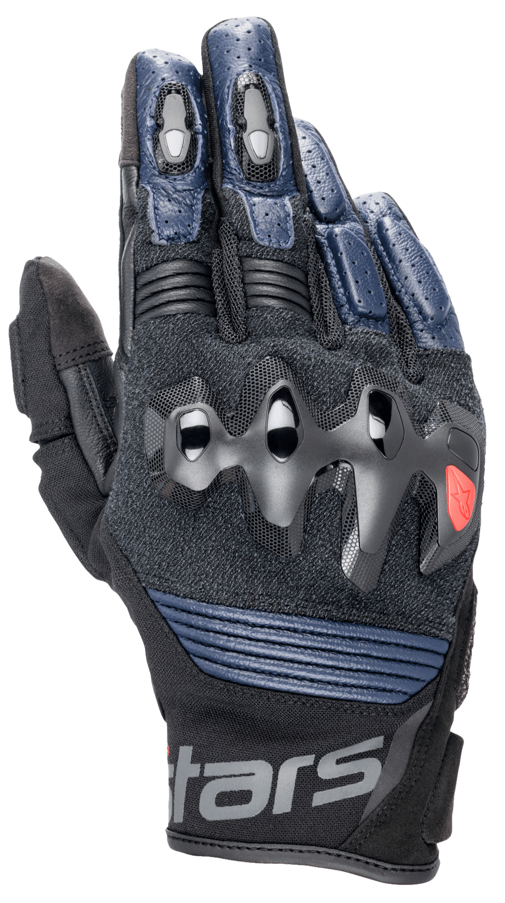Guanti in pelle Alpinestars Halo, guanti da moto, blu scuro e nero, con protezione delle nocche sovra-iniettata, dita in pelle traforata, pannelli in mesh per la ventilazione e design a polsino corto con marchio Alpinestars