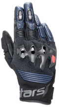 Guanti in pelle Alpinestars Halo, guanti da moto, blu scuro e nero, con protezione delle nocche sovra-iniettata, dita in pelle traforata, pannelli in mesh per la ventilazione e design a polsino corto con marchio Alpinestars