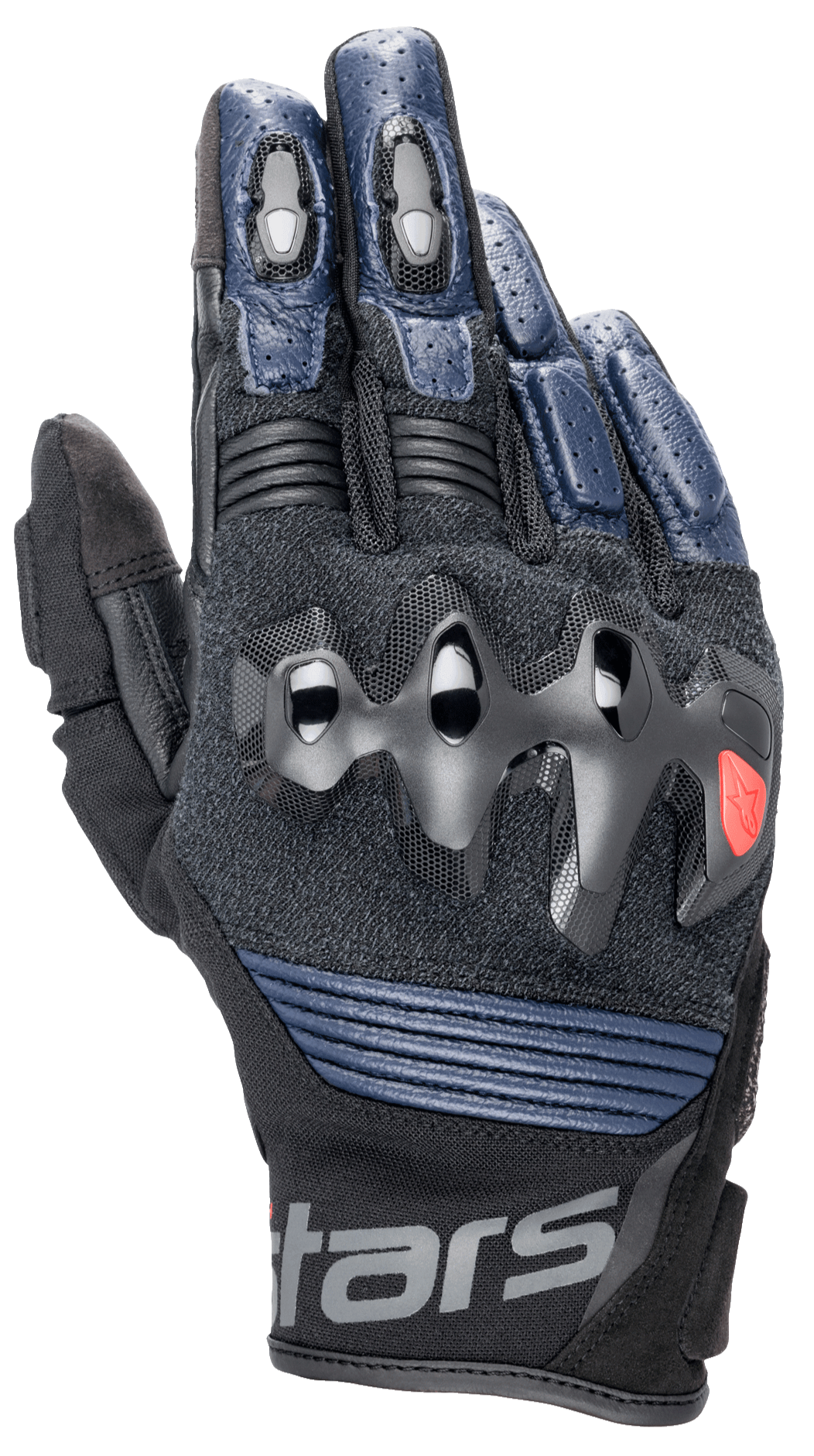 Guanti in pelle Alpinestars Halo, guanti da moto, blu scuro e nero, con protezione delle nocche sovra-iniettata, dita in pelle traforata, pannelli in mesh per la ventilazione e design a polsino corto con marchio Alpinestars