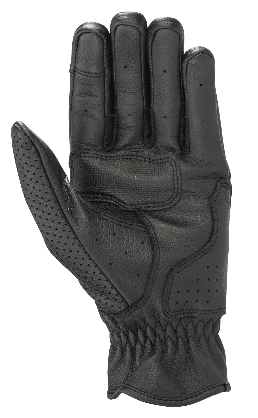 Guanti in pelle Alpinestars Rayburn V2, nero, vista del palmo, costruzione in pelle premium con rinforzo sul palmo per il grip, perforazioni localizzate su dita e pollice, guanti da moto urbani d'ispirazione heritage