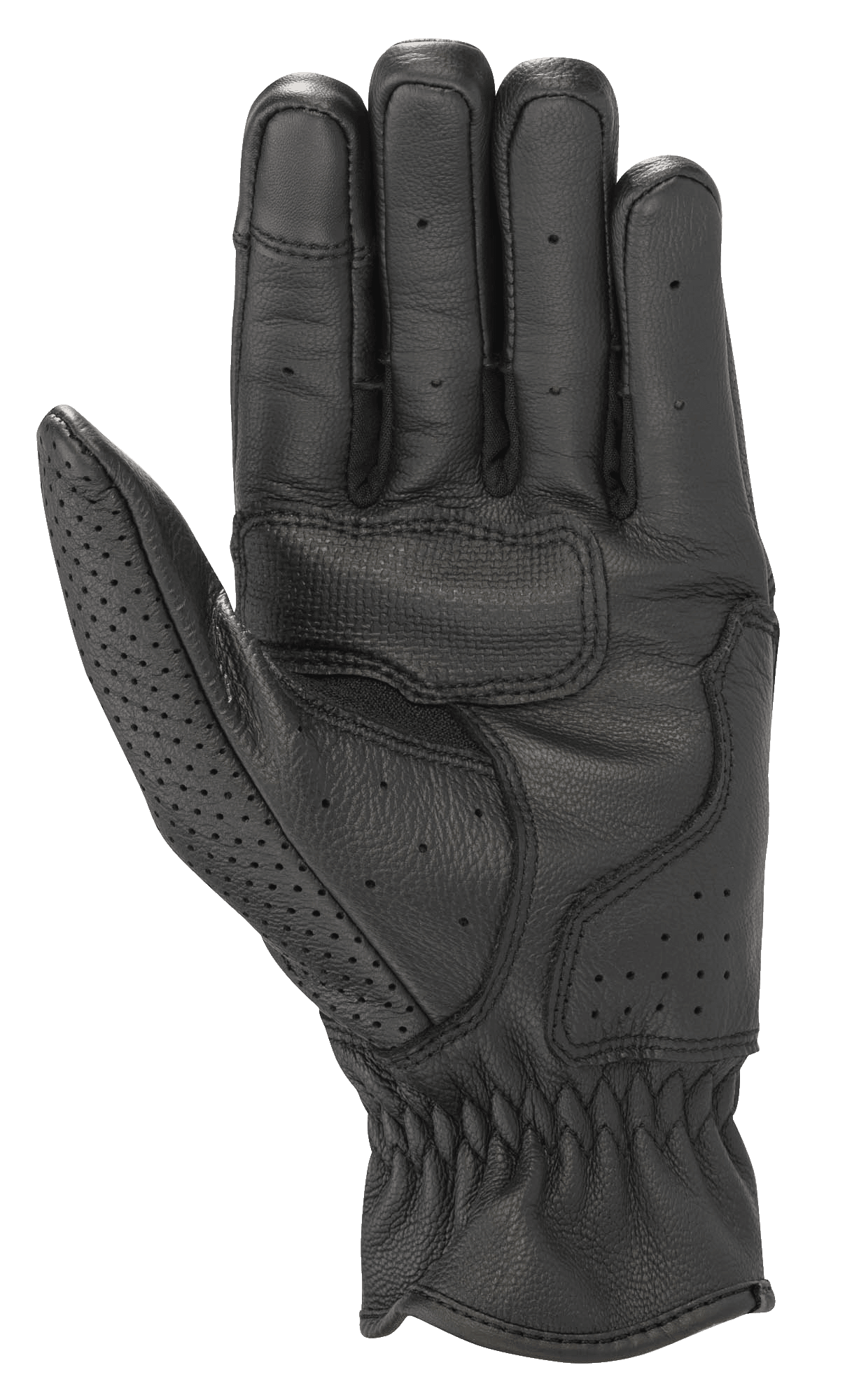 Guanti in pelle Alpinestars Rayburn V2, nero, vista del palmo, costruzione in pelle premium con rinforzo sul palmo per il grip, perforazioni localizzate su dita e pollice, guanti da moto urbani d'ispirazione heritage