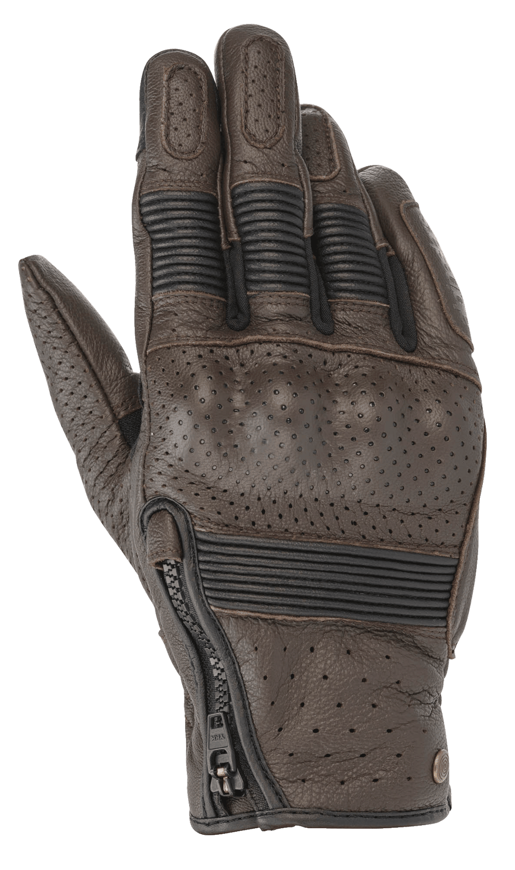 Alpinestars Rayburn V2 Leather Gloves, guanti da moto in pelle marrone tabacco d'ispirazione heritage con pannelli traforati, protezione nocche rigida rivestita, inserti elasticizzati a fisarmonica sulle dita e chiusura laterale con zip