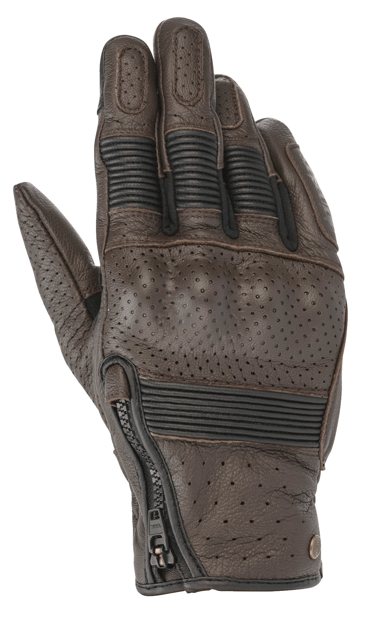 Alpinestars Rayburn V2 Leather Gloves, guanti da moto in pelle marrone tabacco d'ispirazione heritage con pannelli traforati, protezione nocche rigida rivestita, inserti elasticizzati a fisarmonica sulle dita e chiusura laterale con zip