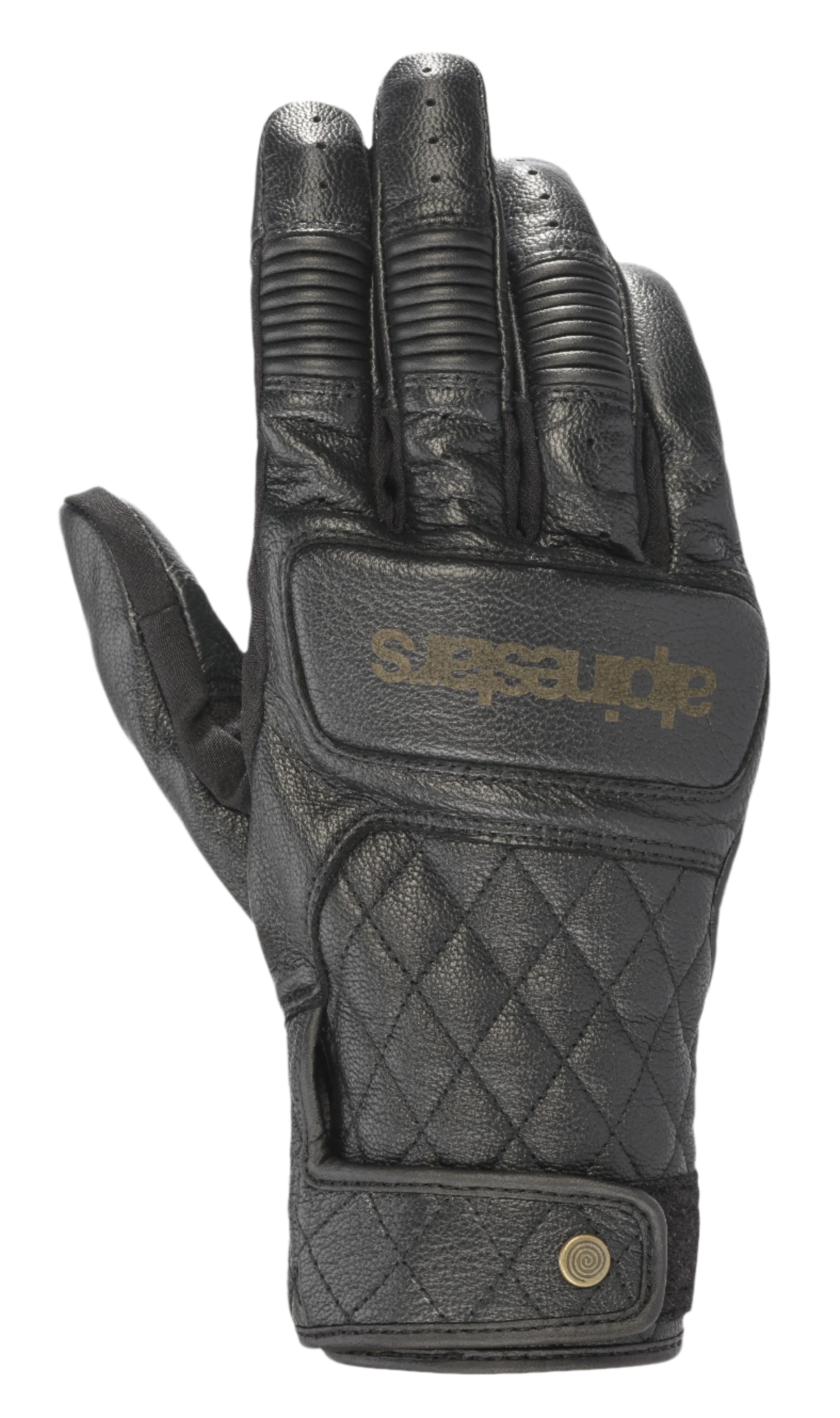 Alpinestars Brass Lt Gloves, guanti da moto in pelle nera con motivo trapuntato a diamante sul dorso, protezione nocche a coste, dita traforate, logo oro e chiusura al polso con bottone automatico
