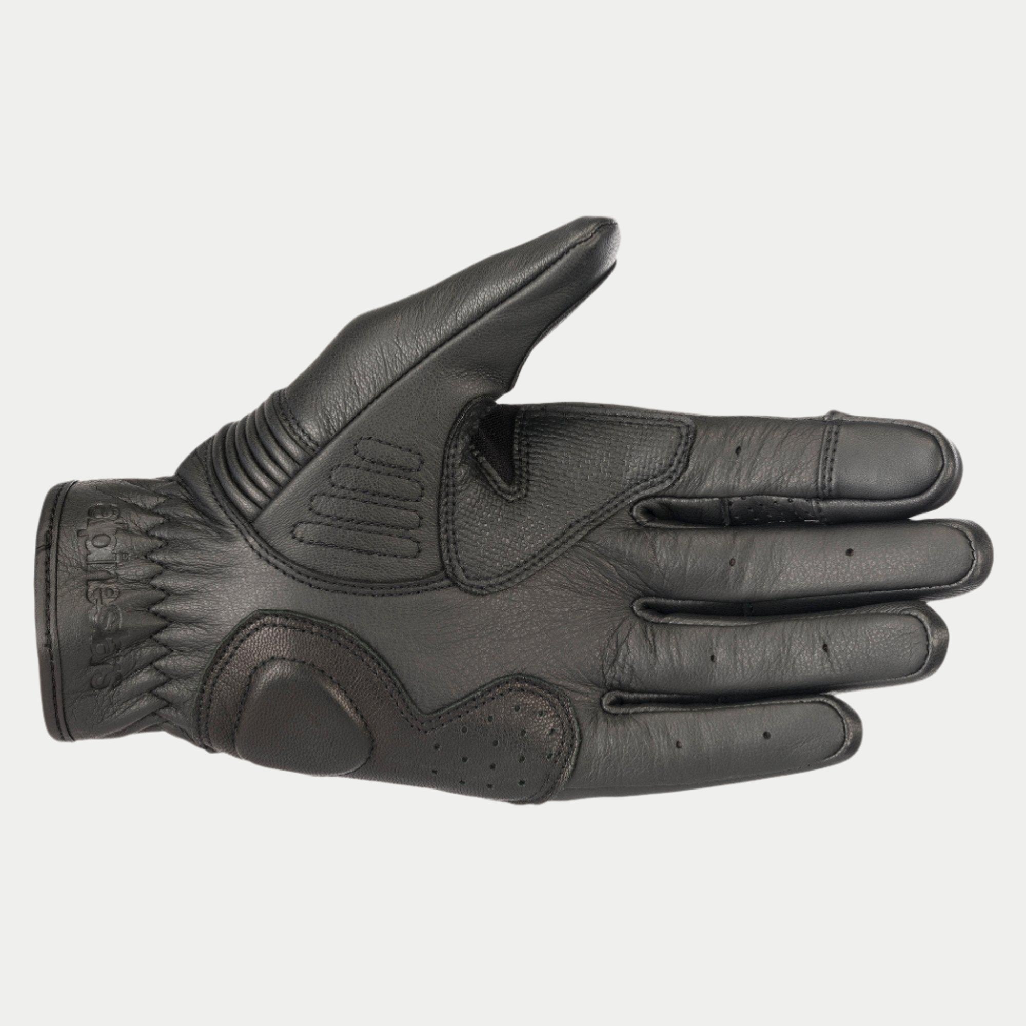 Guanti Alpinestars Crazy Eight, guanti da moto, nero, vista del palmo che mostra la costruzione in pelle rinforzata, inserti grip testurizzati su palmo e pollice e marchio in rilievo sul polsino
