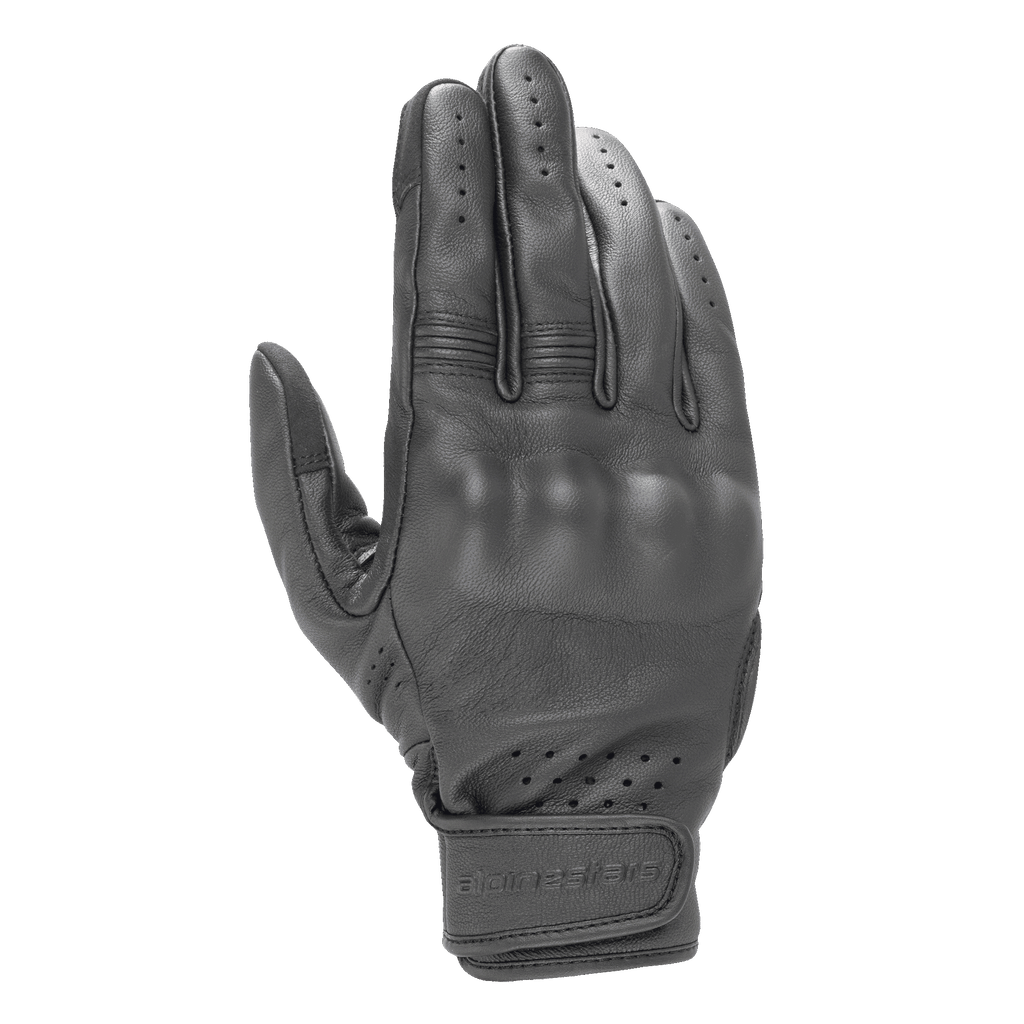 Alpinestars Dyno Leather Gloves, guanti da moto neri, costruzione in pelle di capra con protezione per nocche rigide coperta, ventilazione traforata su dita e polso, chiusura con cinturino in velcro, design urbano minimalista