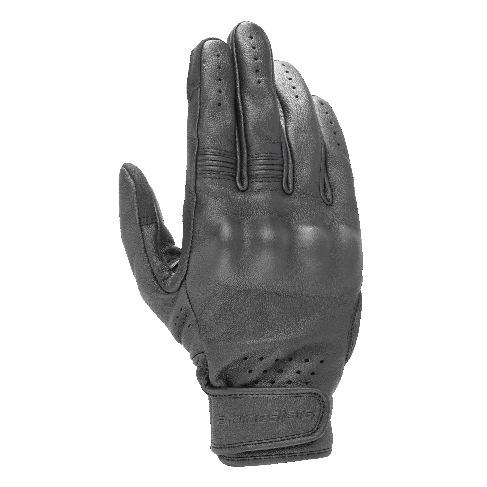 Alpinestars Dyno Leather Gloves, guanti da moto neri, costruzione in pelle di capra con protezione per nocche rigide coperta, ventilazione traforata su dita e polso, chiusura con cinturino in velcro, design urbano minimalista