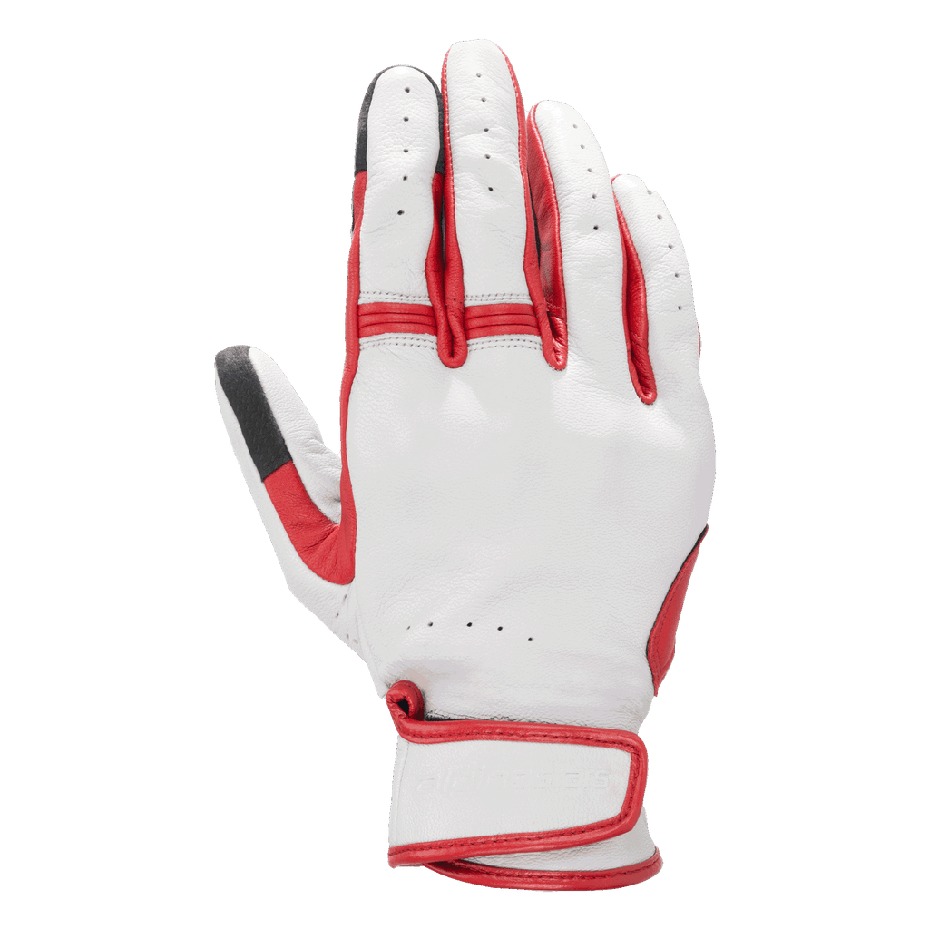 Alpinestars Dyno Leather Gloves, guanti da moto, ecru e rosso rubino, costruzione in pelle traforata, pannelli a fisarmonica sulle dita, cinturino regolabile al polso, protezione delle nocche coperta