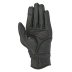 Guanti Alpinestars Stella Vika V2 da donna, guanti da moto in pelle nera, vista del lato palmo che mostra l'imbottitura rinforzata, dita traforate per la ventilazione e design con polsino corto