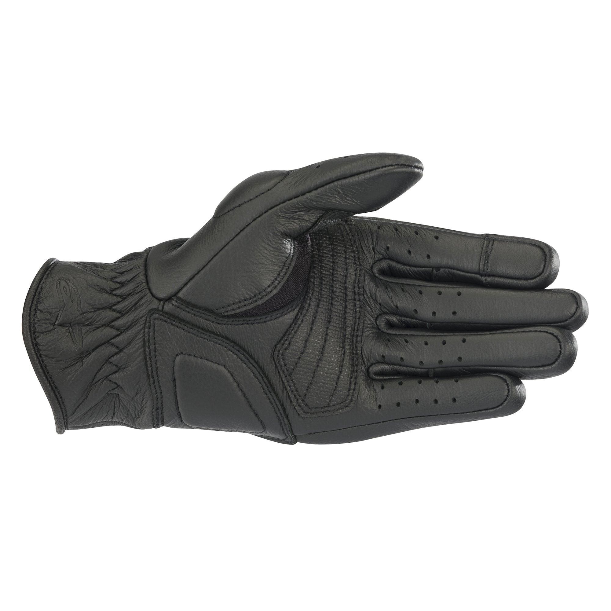 Guanti Alpinestars Stella Vika V2 da donna, guanti da moto in pelle nera, vista del lato palmo che mostra l'imbottitura rinforzata, dita traforate per la ventilazione e design con polsino corto