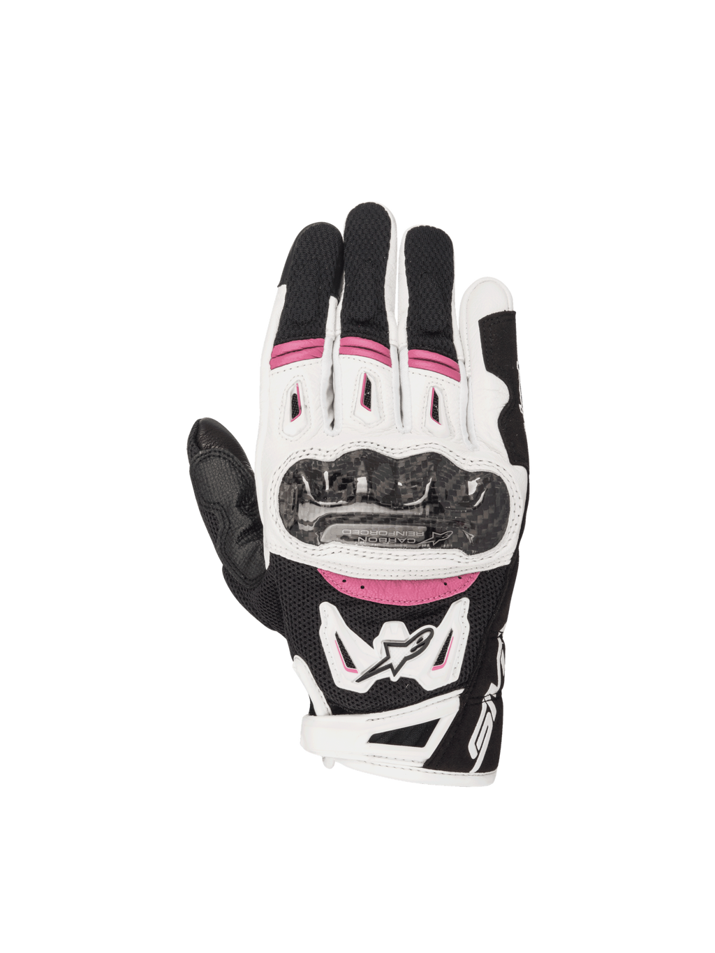 Alpinestars Stella SMX-2 Air Carbon V2, guanti da moto da donna, neri, bianchi e fucsia, con nocche in carbonio.