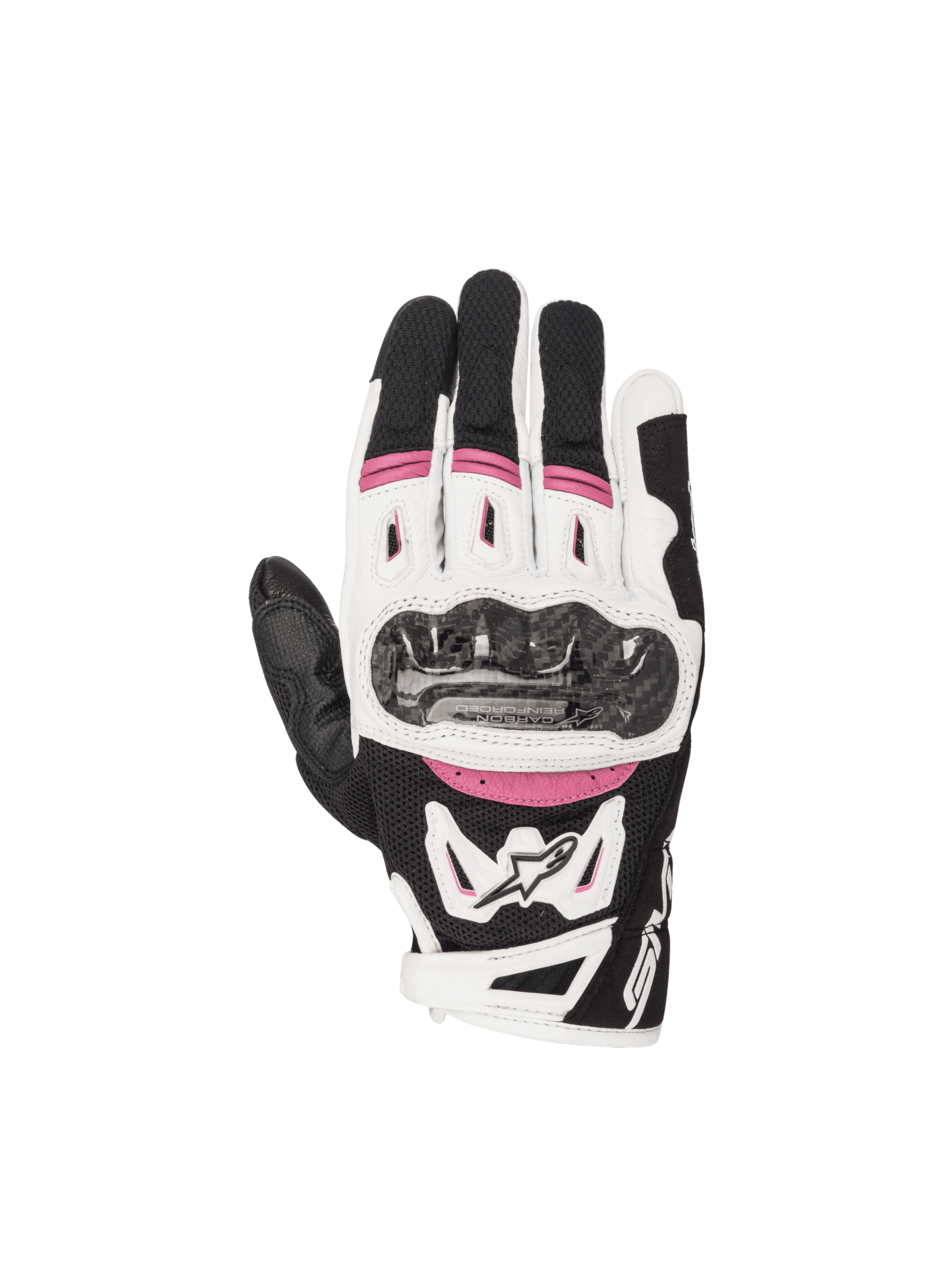 Alpinestars Stella SMX-2 Air Carbon V2, guanti da moto da donna, neri, bianchi e fucsia, con nocche in carbonio.