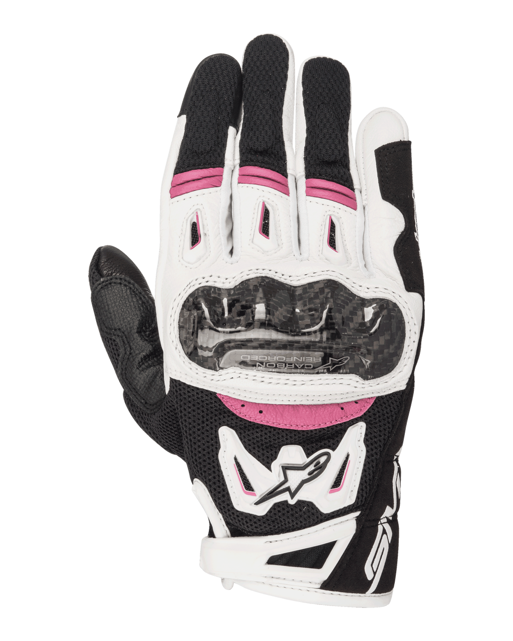 Alpinestars Stella SMX-2 Air Carbon V2, guanti da moto racing da donna, nero, bianco e fucsia, con protezione nocche in fibra di carbonio, ventilazione in mesh 3D e logo Alpinestars, design sportivo a polsino corto