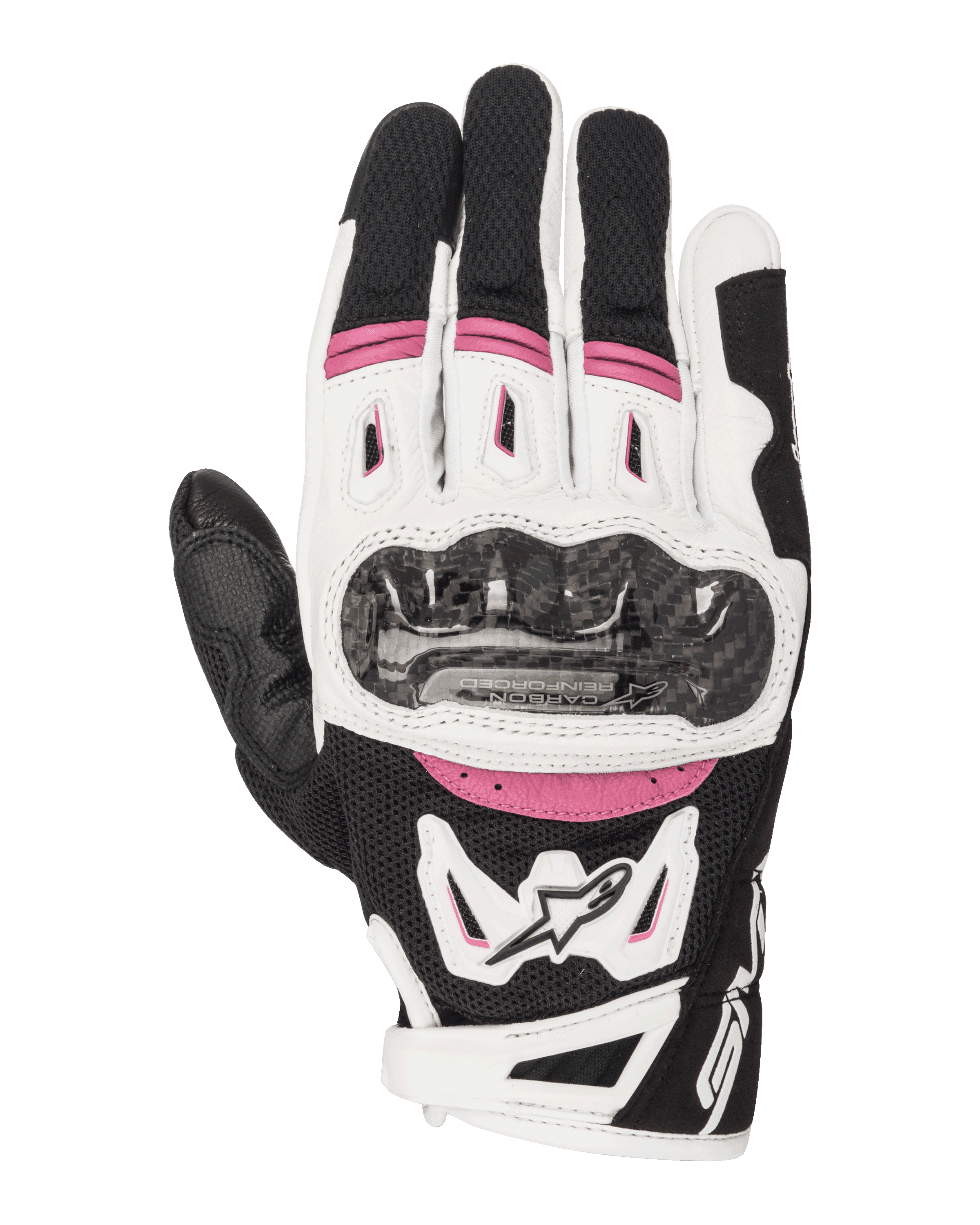 Alpinestars Stella SMX-2 Air Carbon V2, guanti da moto racing da donna, nero, bianco e fucsia, con protezione nocche in fibra di carbonio, ventilazione in mesh 3D e logo Alpinestars, design sportivo a polsino corto