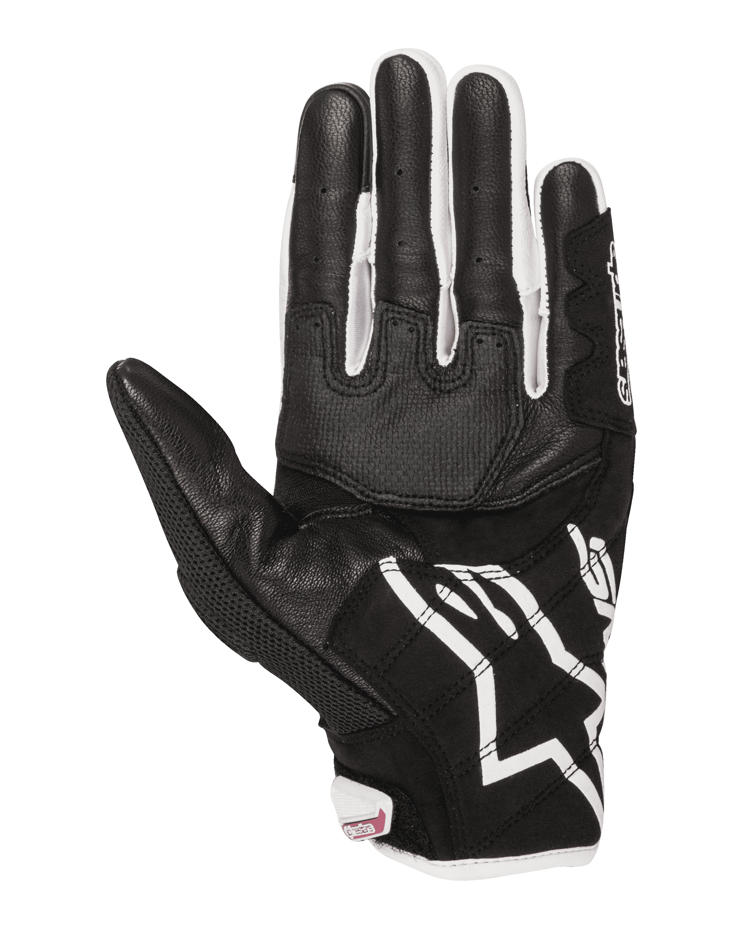 Guanti Alpinestars Stella SMX-2 Air Carbon V2 da donna, guanti da moto, vista del palmo, nero e bianco con dettagli fucsia, struttura in pelle e mesh con palmo rinforzato e punte delle dita compatibili con touchscreen