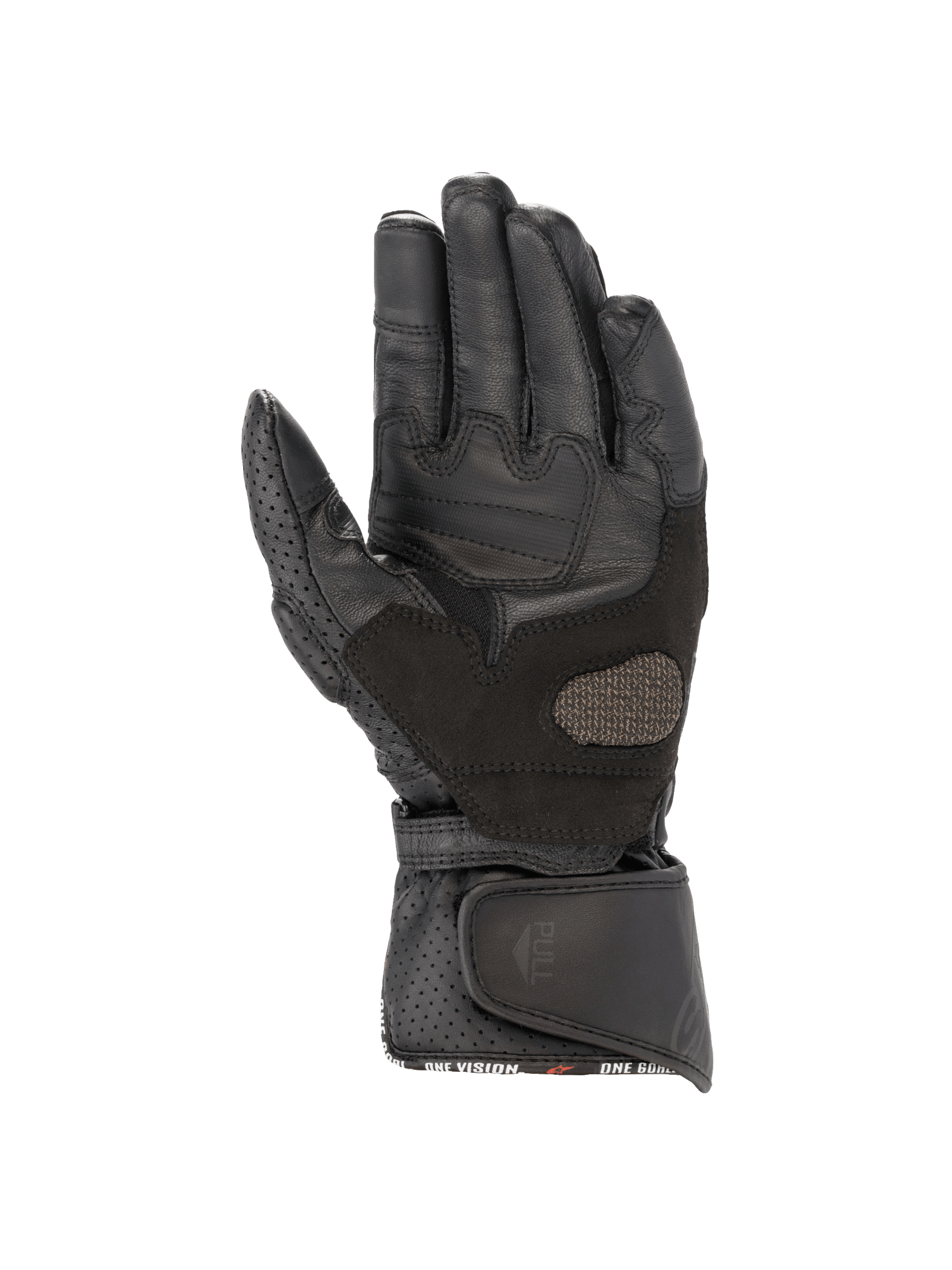 Alpinestars guanti Stella SP-8 V3, guanti da moto da donna, neri, vista del palmo con grip rinforzato e polsino traforato.