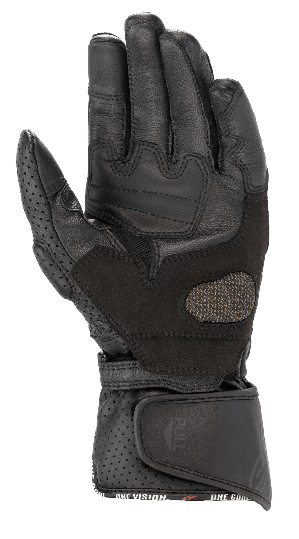 Alpinestars Guanti Stella SP-8 V3 da donna, guanti da moto, nero, vista del palmo con pannelli in pelle rinforzata e dettagli traforati, ampia chiusura regolabile del polso con linguetta, equipaggiamento protettivo ad alte prestazioni per donna