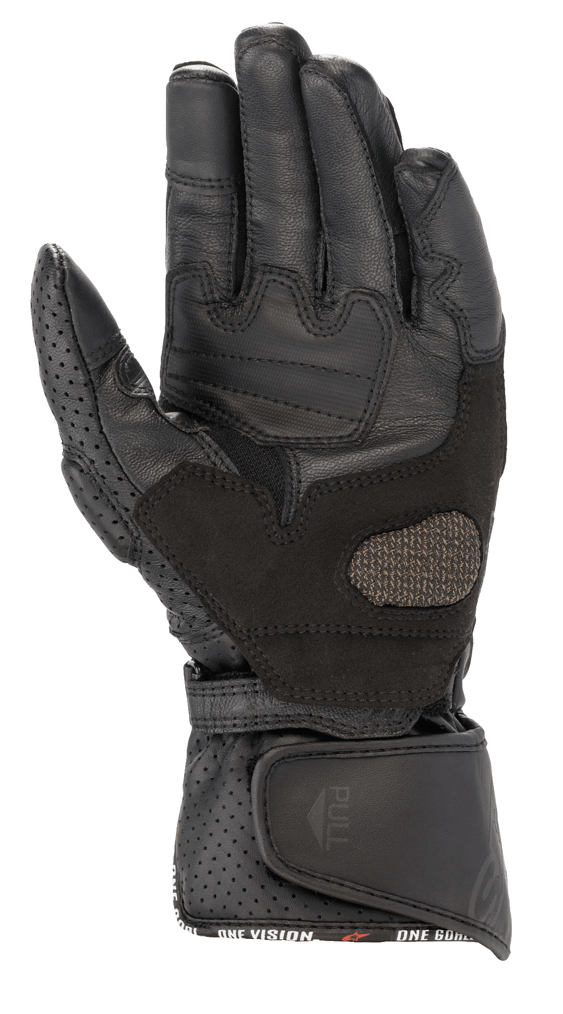 Alpinestars Guanti Stella SP-8 V3 da donna, guanti da moto, nero, vista del palmo con pannelli in pelle rinforzata e dettagli traforati, ampia chiusura regolabile del polso con linguetta, equipaggiamento protettivo ad alte prestazioni per donna