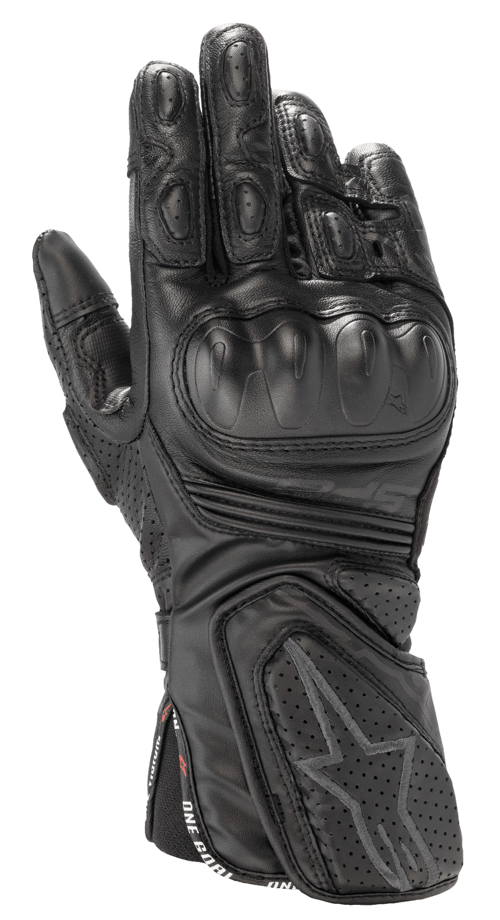 Alpinestars Stella SP-8 V3, guanti da moto racing da donna, neri, struttura in pelle pregiata, protezione rigida per le nocche, ventilazione traforata, dita e polso imbottiti, logo a stella e cinturino 'One Goal One Vision'
