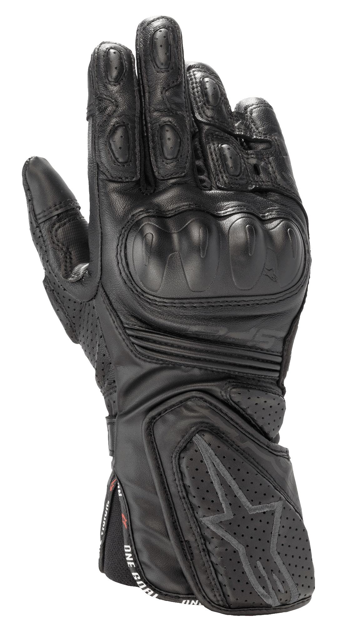 Alpinestars Stella SP-8 V3, guanti da moto racing da donna, neri, struttura in pelle pregiata, protezione rigida per le nocche, ventilazione traforata, dita e polso imbottiti, logo a stella e cinturino 'One Goal One Vision'