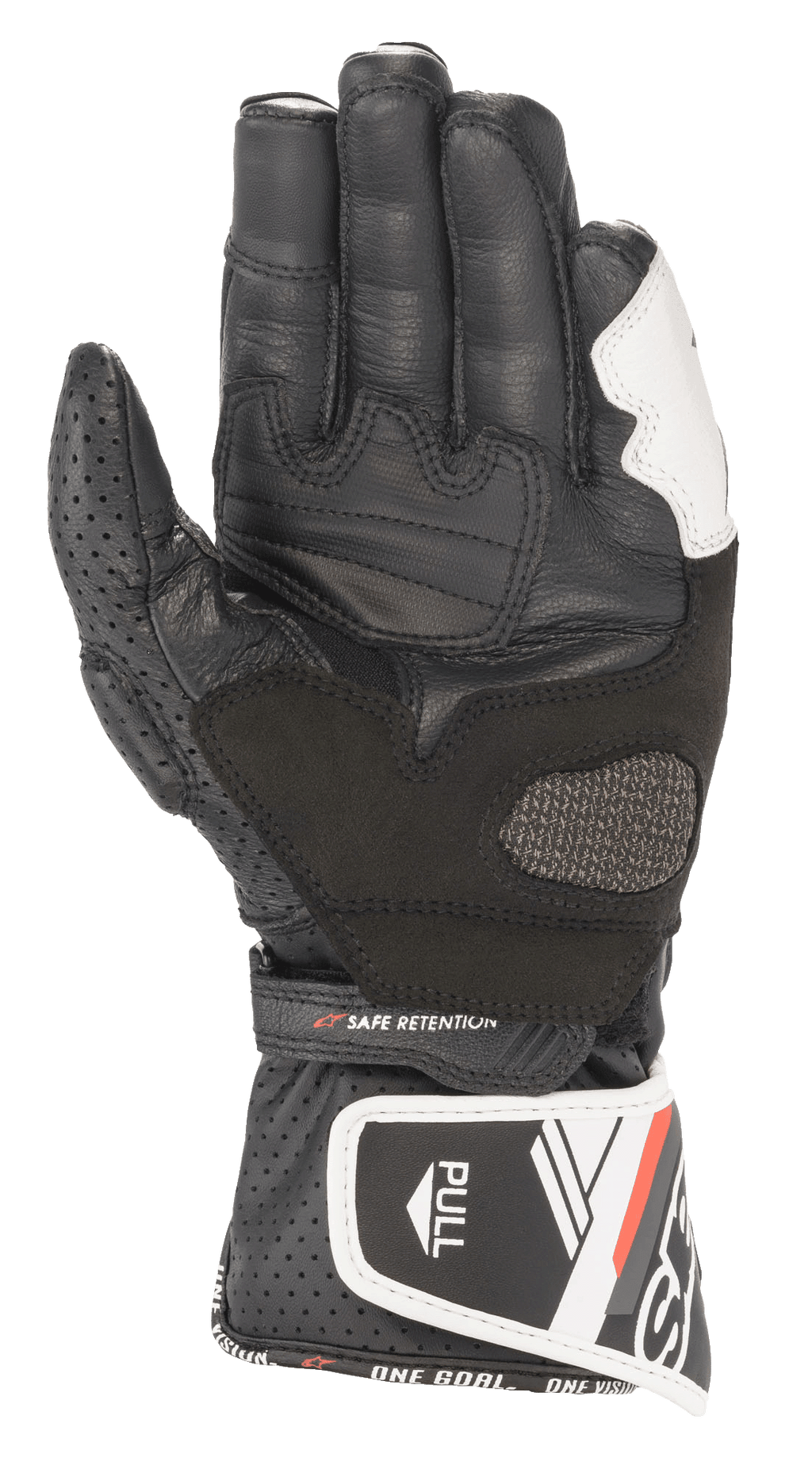 Guanti Alpinestars Stella SP-8 V3 da donna, guanti da moto in pelle, nero e bianco, vista del palmo con pollice in pelle traforata, pannelli di presa rinforzati, cinturino regolabile con scritta 'SAFE RETENTION' e polsino lungo con linguetta 'PULL' e scritte del brand