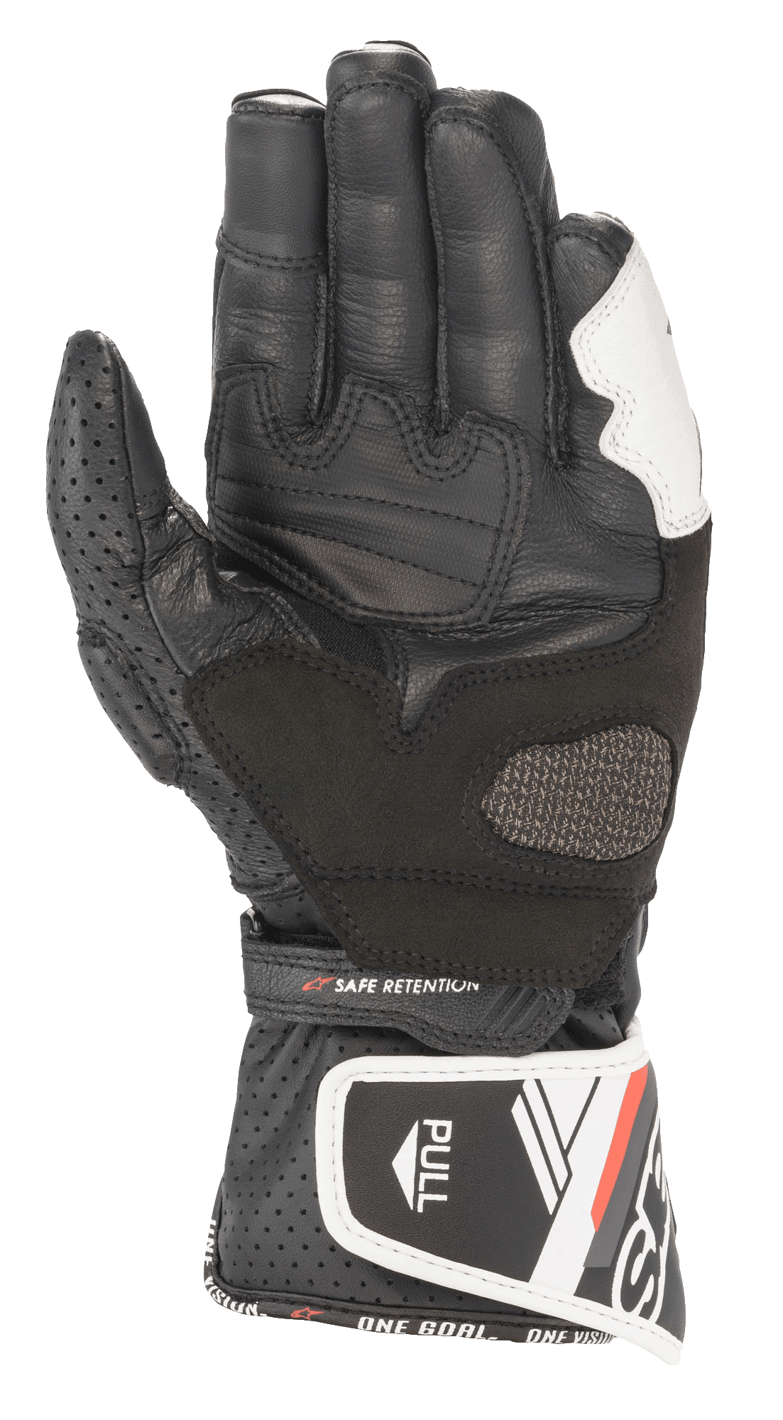 Guanti Alpinestars Stella SP-8 V3 da donna, guanti da moto in pelle, nero e bianco, vista del palmo con pollice in pelle traforata, pannelli di presa rinforzati, cinturino regolabile con scritta 'SAFE RETENTION' e polsino lungo con linguetta 'PULL' e scritte del brand
