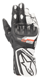 Alpinestars Stella SP-8 V3 da donna, guanti da moto racing, nero e bianco, con protezione nocche rigida sagomata, pannelli in pelle traforata traspirante, polsino esteso con grande logo a stella e grafica SP-8 rossa