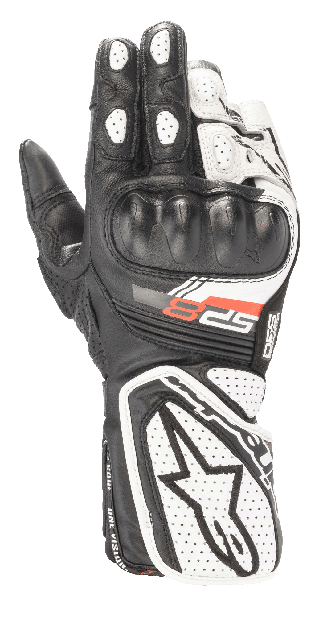 Alpinestars Stella SP-8 V3 da donna, guanti da moto racing, nero e bianco, con protezione nocche rigida sagomata, pannelli in pelle traforata traspirante, polsino esteso con grande logo a stella e grafica SP-8 rossa