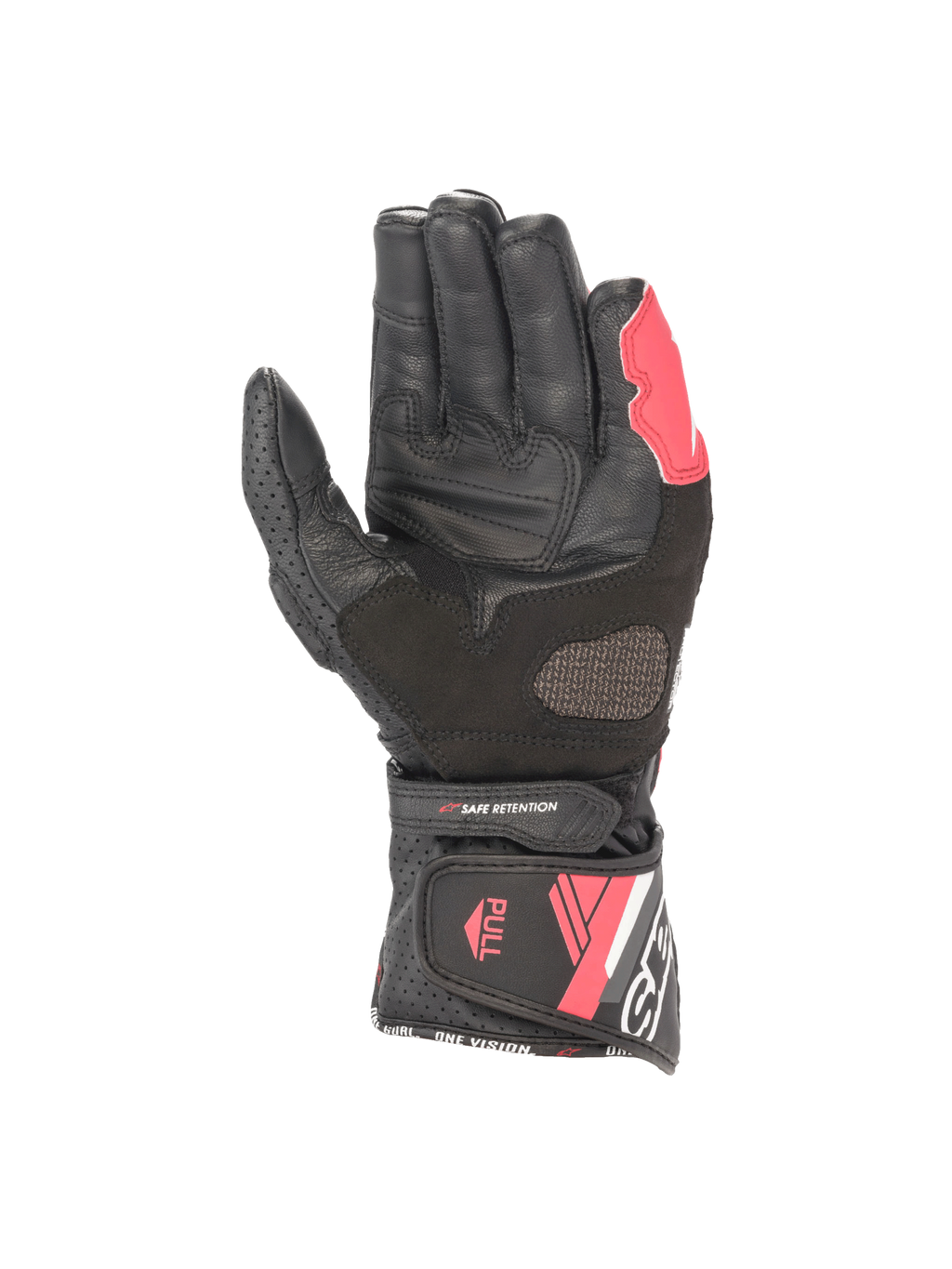 Guanti Alpinestars Stella SP-8 V3, guanti da moto racing da donna, nero e rosa diva, vista del palmo in pelle con chiusura a strappo sicura sul polsino.