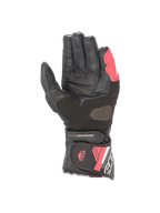 Guanti Alpinestars Stella SP-8 V3, guanti da moto racing da donna, nero e rosa diva, vista del palmo in pelle con chiusura a strappo sicura sul polsino.