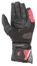 Guanti in pelle Alpinestars Stella SP-8 V3 da donna, Nero Bianco Diva Pink, vista del palmo che mostra la costruzione in pelle, zone di presa rinforzate, pannelli traforati e chiusura del polsino regolabile.