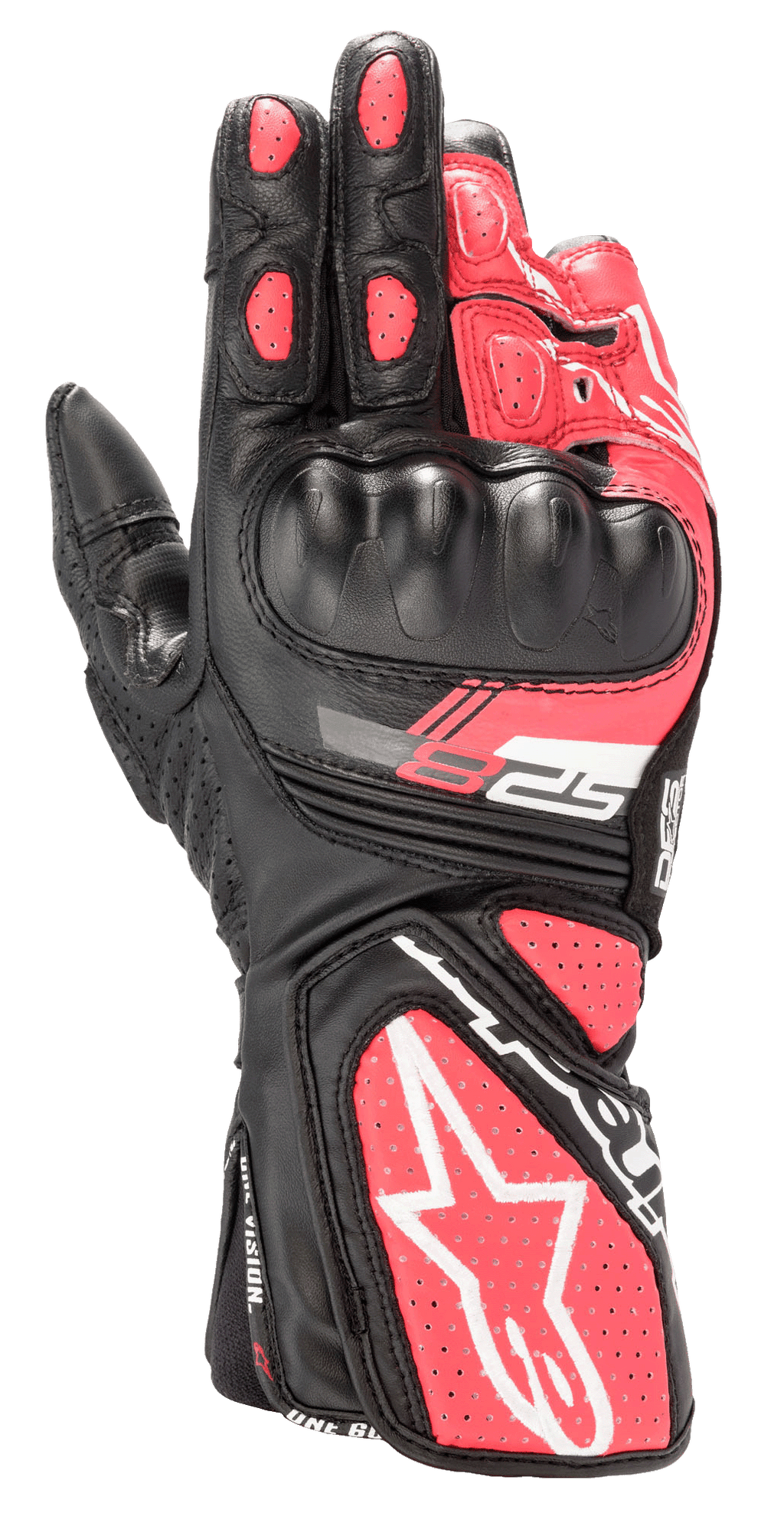 Alpinestars Stella SP-8 V3, guanti sportivi da moto da donna, nero, bianco e rosa Diva, con protezione rigida stampata sulle nocche, pannelli in pelle rosa traforata, polsino lungo con grande logo a stella bianco e marchio SP-8