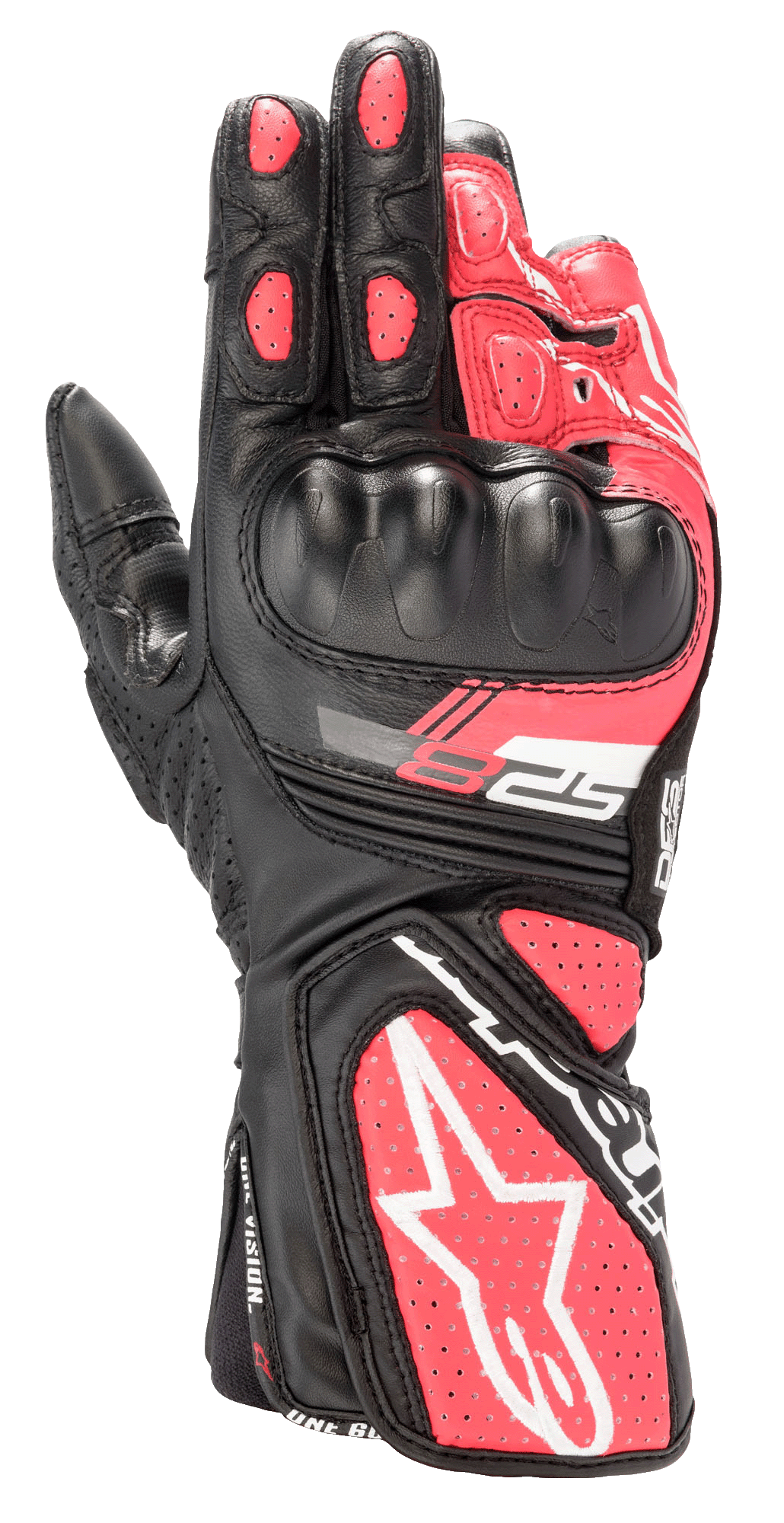 Alpinestars Stella SP-8 V3, guanti sportivi da moto da donna, nero, bianco e rosa Diva, con protezione rigida stampata sulle nocche, pannelli in pelle rosa traforata, polsino lungo con grande logo a stella bianco e marchio SP-8