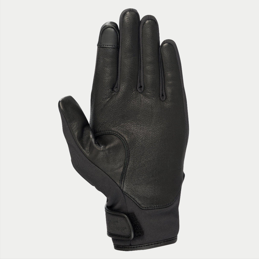 Guanti Alpinestars C1 Windstopper V2, nero, vista del palmo con rinforzi in pelle pieno fiore su palmo e pollice, punta dell'indice compatibile con touchscreen, polsino corto con chiusura a velcro, guanto da moto per uso urbano
