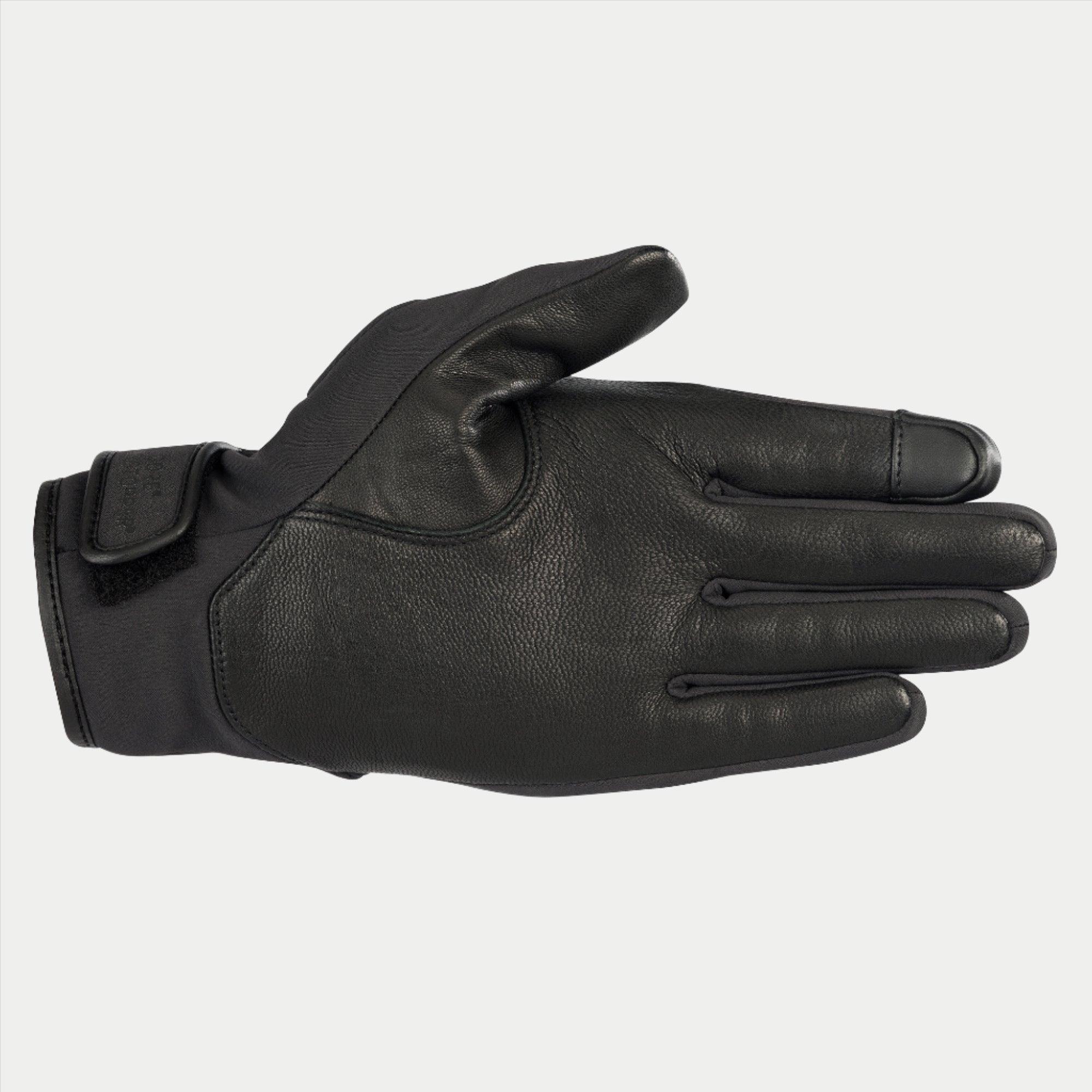 Guanti Alpinestars C1 Windstopper V2, nero, vista del palmo con rinforzi in pelle pieno fiore su palmo e pollice, punta dell'indice compatibile con touchscreen, polsino corto con chiusura a velcro, guanto da moto per uso urbano