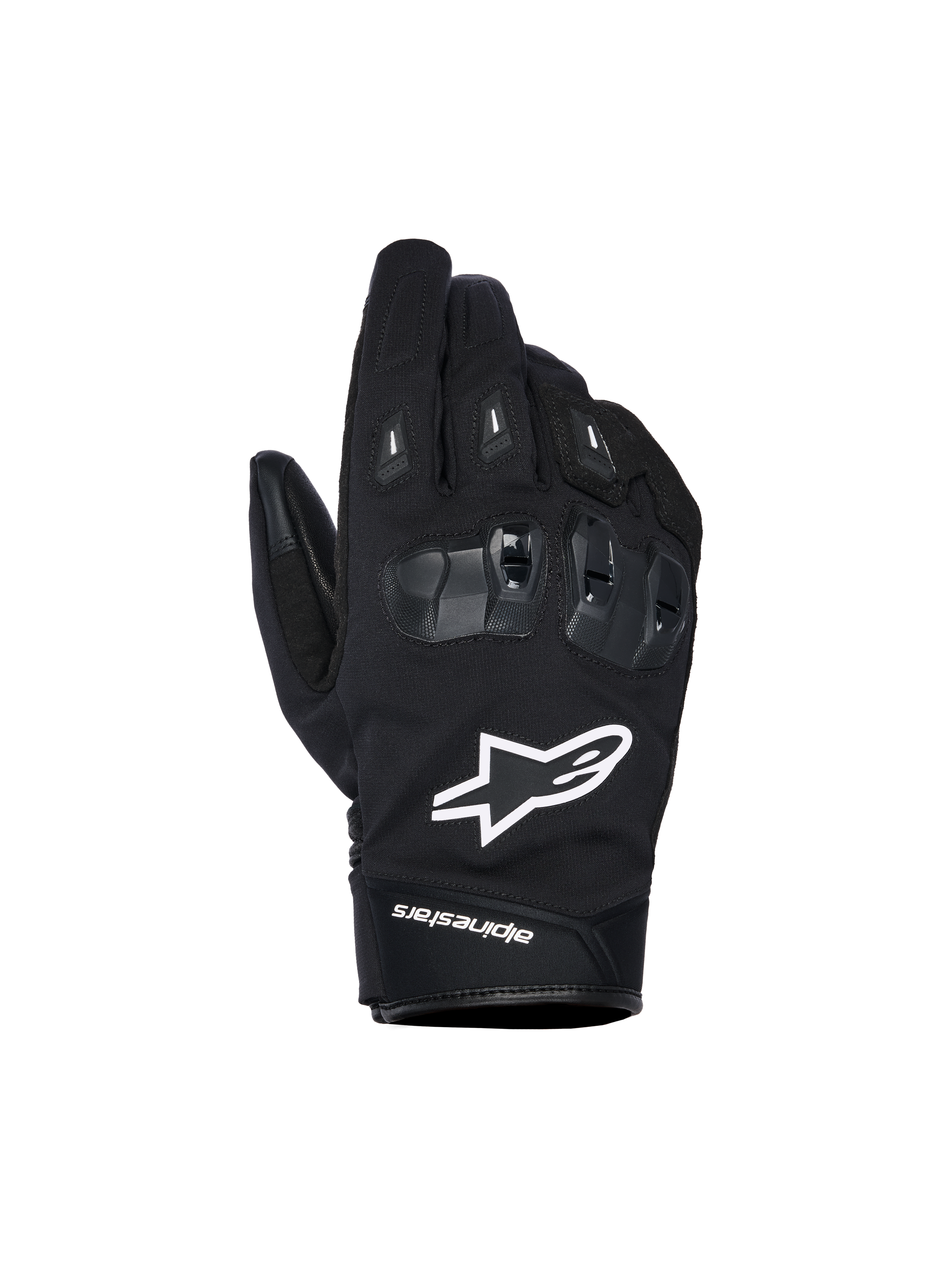 Guanti Alpinestars SP X Z Waterproof, guanti da moto neri con logo a stella bianco, protezione nocche in TPU SP X testurizzata con segmenti neri lucidi, design stradale con cuciture rinforzate, costruzione impermeabile per la guida in ogni condizione atmosferica