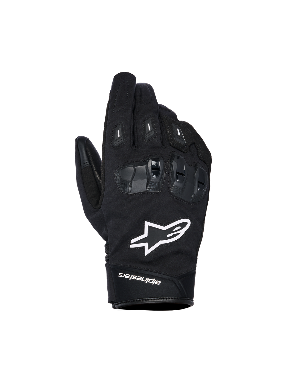 Guanti Alpinestars SP X Z Waterproof, guanti da moto neri con logo a stella bianco, protezione nocche in TPU SP X testurizzata con segmenti neri lucidi, design stradale con cuciture rinforzate, costruzione impermeabile per la guida in ogni condizione atmosferica