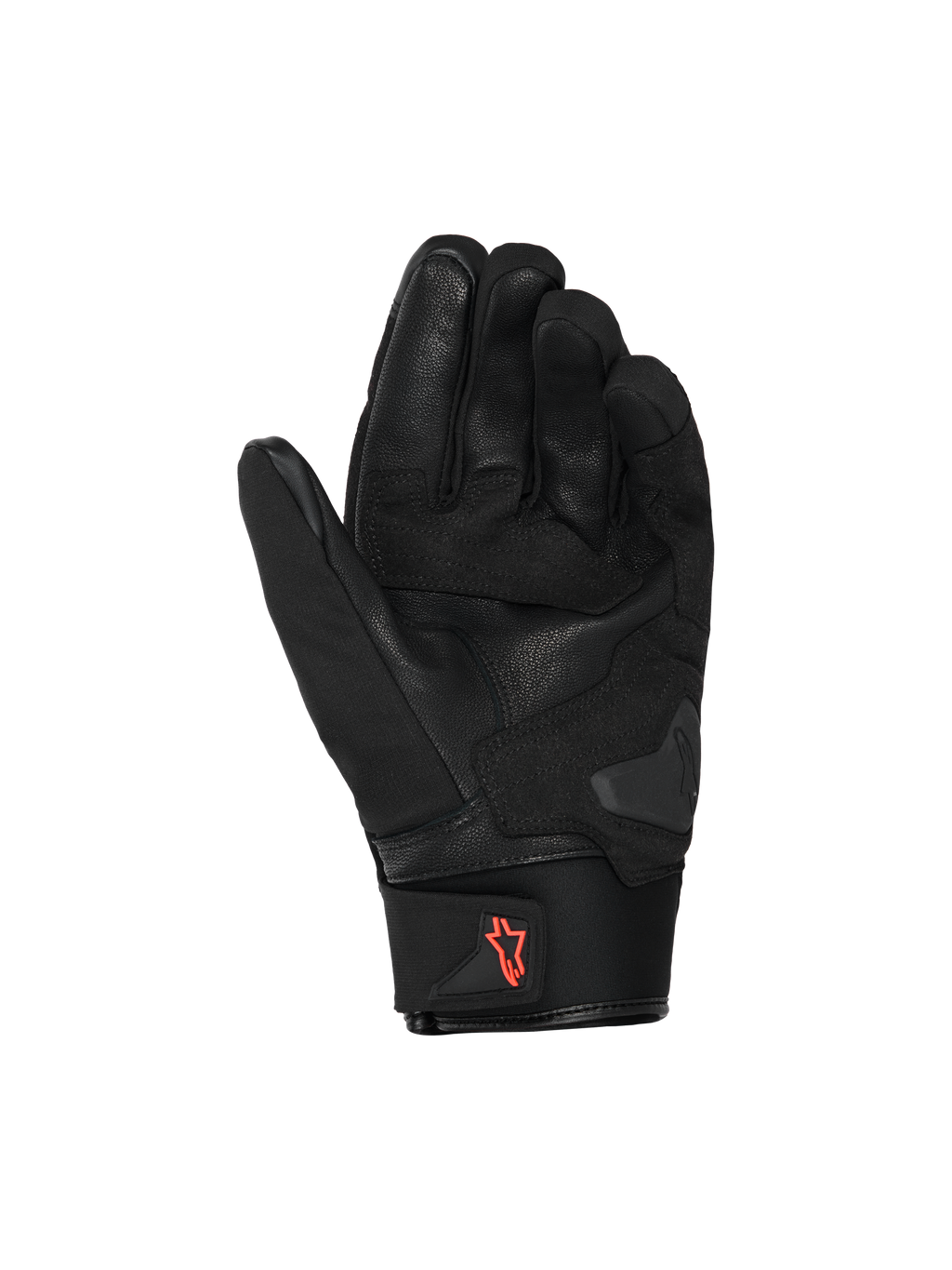 Alpinestars SP X Z Waterproof Gloves, guanti da moto, nero con logo rosso fluo, vista del palmo che mostra la struttura in pelle e le zone di grip rinforzate, polsino in neoprene con linguetta, abbigliamento tecnico da strada ad alte prestazioni