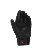 Alpinestars SP X Z Waterproof Gloves, guanti da moto, nero con logo rosso fluo, vista del palmo che mostra la struttura in pelle e le zone di grip rinforzate, polsino in neoprene con linguetta, abbigliamento tecnico da strada ad alte prestazioni