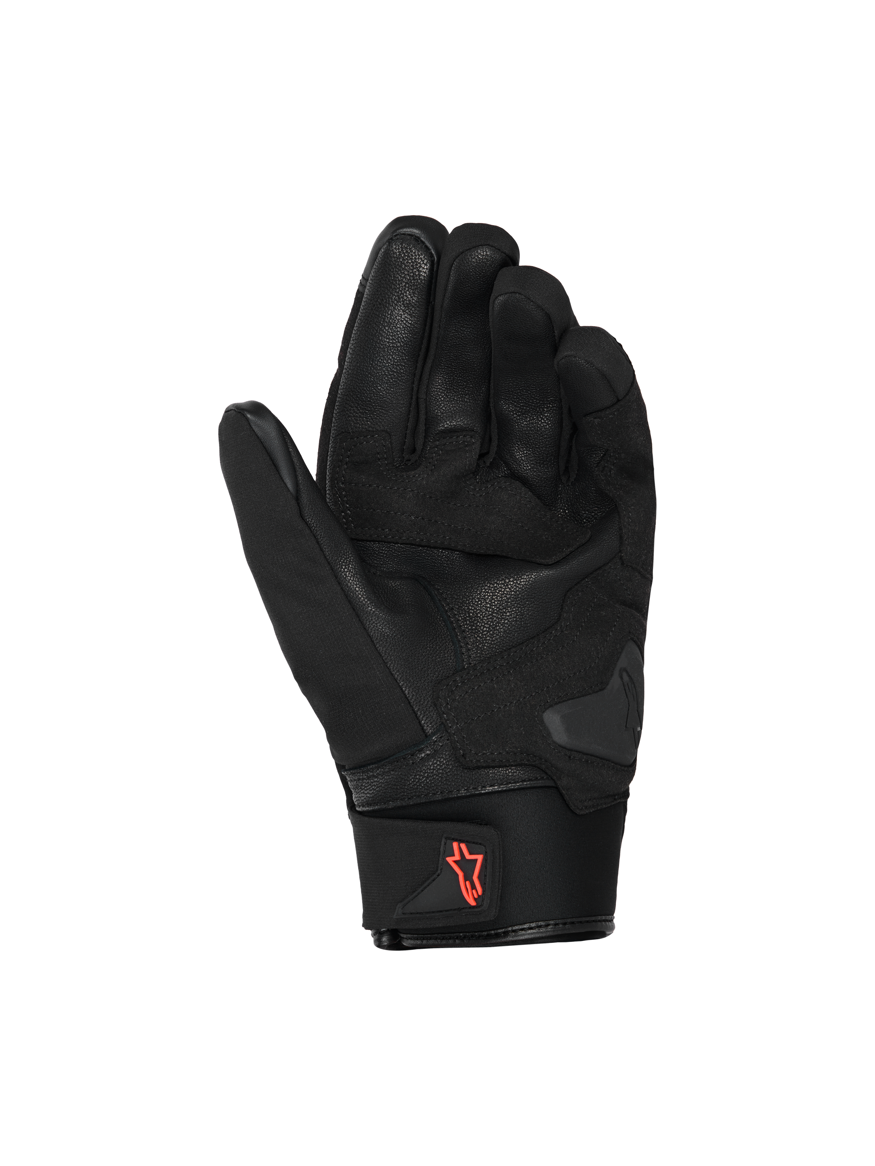 Alpinestars SP X Z Waterproof Gloves, guanti da moto, nero con logo rosso fluo, vista del palmo che mostra la struttura in pelle e le zone di grip rinforzate, polsino in neoprene con linguetta, abbigliamento tecnico da strada ad alte prestazioni