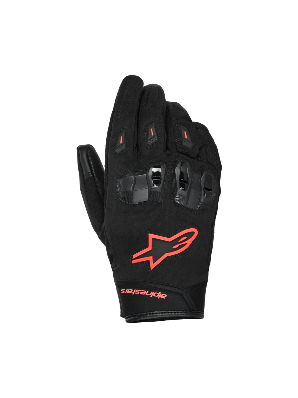 Alpinestars SP X Z Waterproof Gloves, guanti da moto, nero e rosso fluo, con protezioni nocche in TPU divise e ventilate, logo rosso fluo acceso sul dorso e costruzione in tessuto e pelle resistente per prestazioni in ogni condizione climatica.