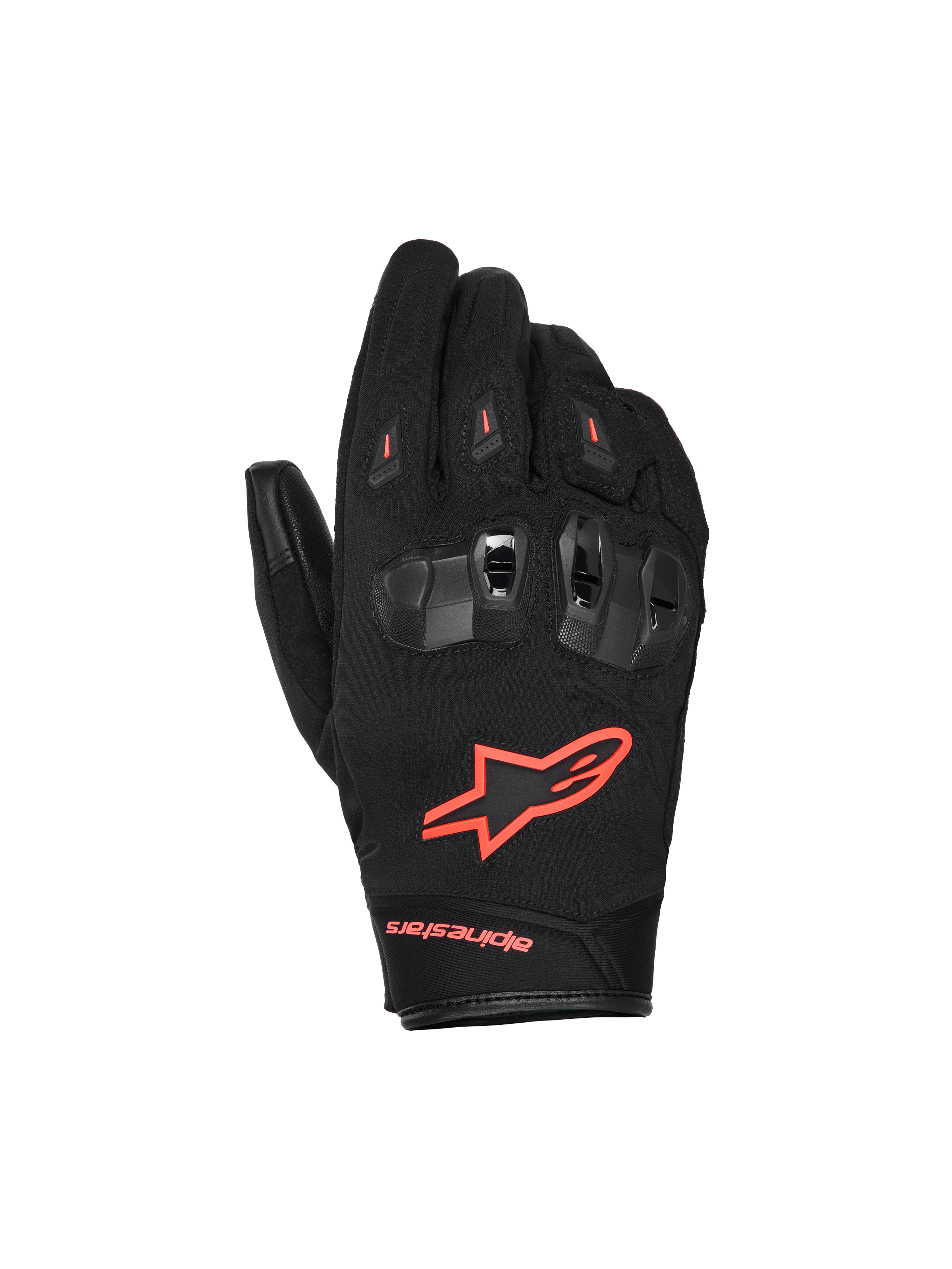 Alpinestars SP X Z Waterproof Gloves, guanti da moto, nero e rosso fluo, con protezioni nocche in TPU divise e ventilate, logo rosso fluo acceso sul dorso e costruzione in tessuto e pelle resistente per prestazioni in ogni condizione climatica.