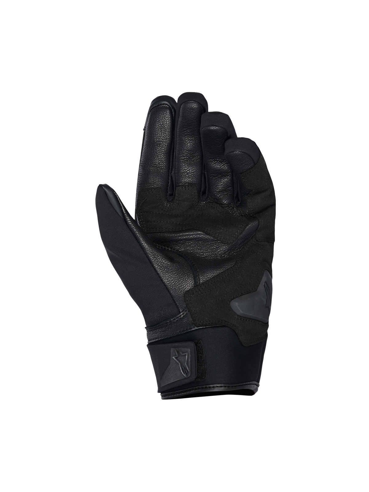 Guanti Alpinestars SP X Z Waterproof, vista del palmo, nero, dotati di un palmo in pelle resistente con sezioni rinforzate, slider sul palmo e polsino in morbido neoprene con cinturino regolabile con logo Alpinestars.